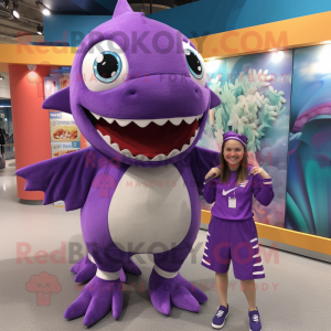 Purple Barracuda mascot costume character dressed with a A-Line Dress and Keychains