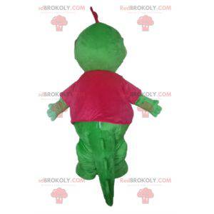 Mascotte de dragon de dinosaure vert avec une crête rose -