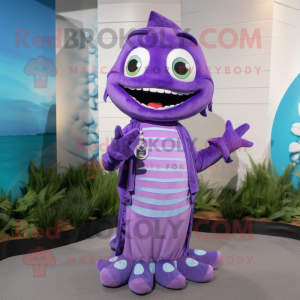 Purple Barracuda mascot costume character dressed with a A-Line Dress and Keychains