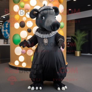 Black Tapir mascot costume character dressed with a Ball Gown and Caps