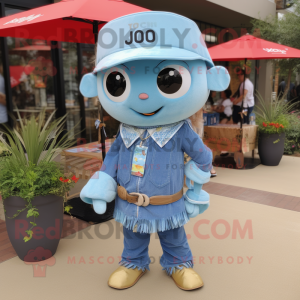 Sky Blue Pho mascot costume character dressed with a Chambray Shirt and Shawl pins
