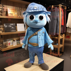 Sky Blue Pho mascot costume character dressed with a Chambray Shirt and Shawl pins