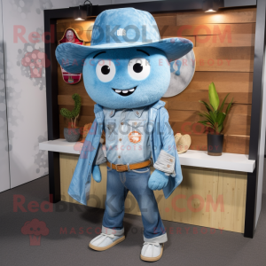 Sky Blue Pho mascot costume character dressed with a Chambray Shirt and Shawl pins