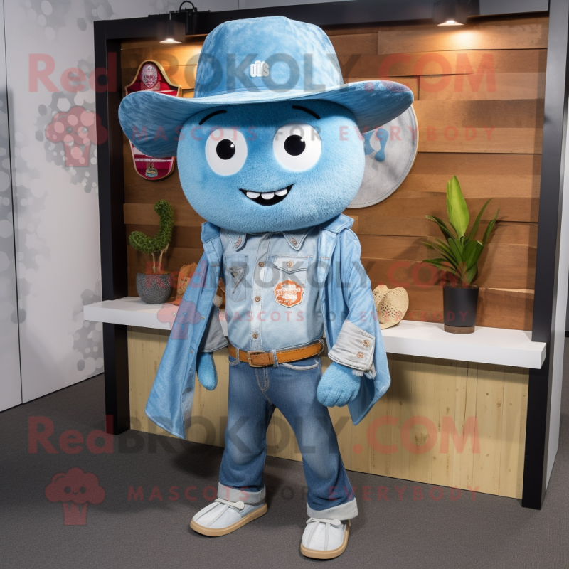 Sky Blue Pho mascot costume character dressed with a Chambray Shirt and Shawl pins Sky Blue Pho mascot costume character dressed with a Chambray Shirt and Shawl pins