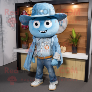 Sky Blue Pho mascot costume character dressed with a Chambray Shirt and Shawl pins