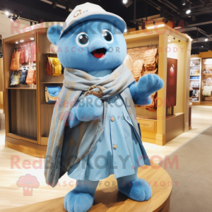 Sky Blue Pho mascot costume character dressed with a Chambray Shirt and Shawl pins