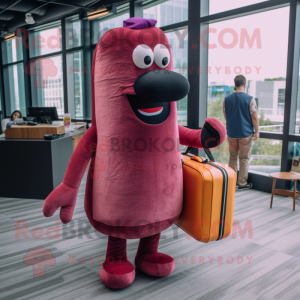 Magenta Hot Dog mascot costume character dressed with a Corduroy Pants and Briefcases