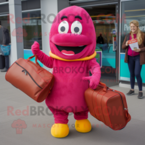 Magenta Hot Dog mascot costume character dressed with a Corduroy Pants and Briefcases