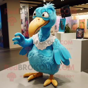 Cyan Dodo Bird mascot costume character dressed with a Culottes and Hairpins