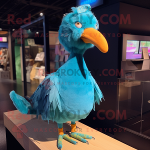 Cyan Dodo Bird mascot costume character dressed with a Culottes and Hairpins