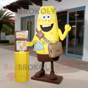 Lemon Yellow Chocolate Bar mascot costume character dressed with a Bermuda Shorts and Briefcases