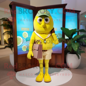 Lemon Yellow Chocolate Bar mascot costume character dressed with a Bermuda Shorts and Briefcases