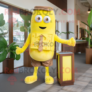 Lemon Yellow Chocolate Bar mascot costume character dressed with a Bermuda Shorts and Briefcases