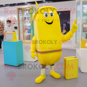 Lemon Yellow Chocolate Bar mascot costume character dressed with a Bermuda Shorts and Briefcases