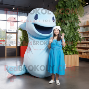 Sky Blue Beluga Whale mascot costume character dressed with a Wrap Dress and Headbands