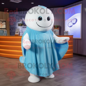 Sky Blue Beluga Whale mascot costume character dressed with a Wrap Dress and Headbands