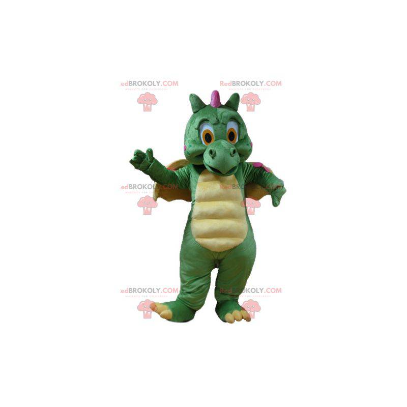 Mascote dragão verde bonito e colorido, amarelo e rosa -