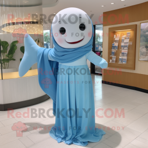 Sky Blue Beluga Whale mascot costume character dressed with a Wrap Dress and Headbands