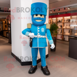 Cyan British Royal Guard mascot costume character dressed with a Capri Pants and Belts