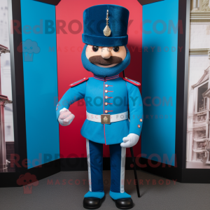 Cyan British Royal Guard mascot costume character dressed with a Capri Pants and Belts