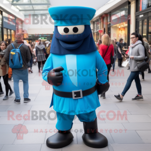 Cyan British Royal Guard mascot costume character dressed with a Capri Pants and Belts