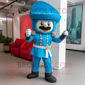 Cyan British Royal Guard mascot costume character dressed with a Capri Pants and Belts