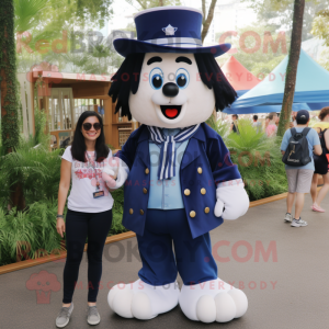 Navy Stilt Walker mascot costume character dressed with a Mom Jeans and Backpacks