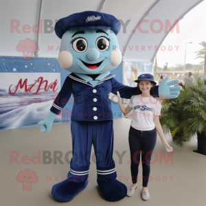 Navy Stilt Walker mascot costume character dressed with a Mom Jeans and Backpacks