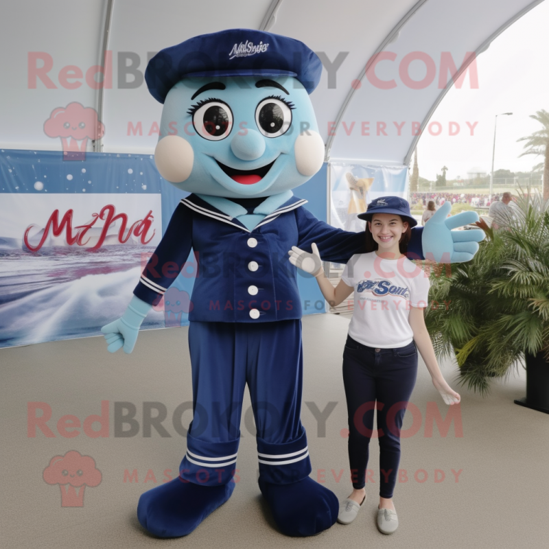 Navy Stilt Walker mascot costume character dressed with a Mom Jeans and Backpacks Navy Stilt Walker mascot costume character dressed with a Mom Jeans and Backpacks