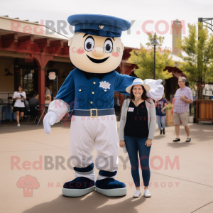 Navy Stilt Walker mascot costume character dressed with a Mom Jeans and Backpacks