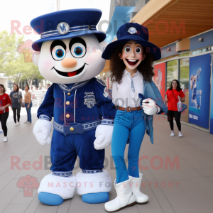 Navy Stilt Walker mascot costume character dressed with a Mom Jeans and Backpacks