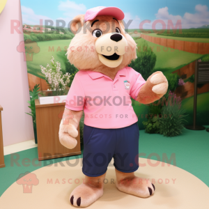 Pink Beaver mascot costume character dressed with a Polo Tee and Bracelets