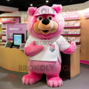 Pink Beaver mascot costume character dressed with a Polo Tee and Bracelets