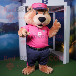 Pink Beaver mascot costume character dressed with a Polo Tee and Bracelets