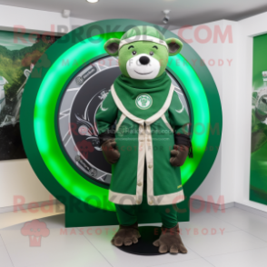 Forest Green Celtic Shield mascot costume character dressed with a Hoodie and Scarves