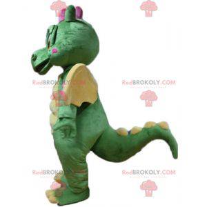 Mascote dragão verde bonito e colorido, amarelo e rosa -