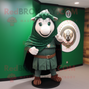 Forest Green Celtic Shield mascot costume character dressed with a Hoodie and Scarves