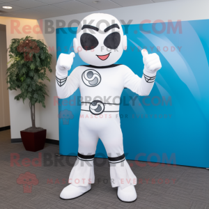 White Superhero mascot costume character dressed with a Jumpsuit and Tie pins