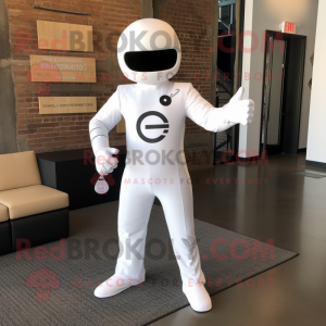 White Superhero mascot costume character dressed with a Jumpsuit and Tie pins