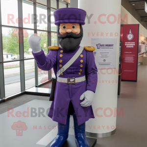 Purple Civil War Soldier mascot costume character dressed with a Polo Shirt and Rings