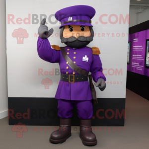 Purple Civil War Soldier mascot costume character dressed with a Polo Shirt and Rings