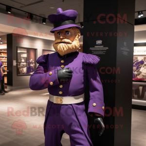 Purple Civil War Soldier mascot costume character dressed with a Polo Shirt and Rings