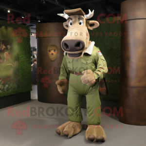 Olive Zebu mascot costume character dressed with a Cargo Pants and Foot pads