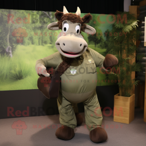 Olive Zebu mascot costume character dressed with a Cargo Pants and Foot pads