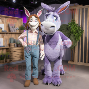 Lavender Donkey mascot costume character dressed with a Boyfriend Jeans and Hairpins