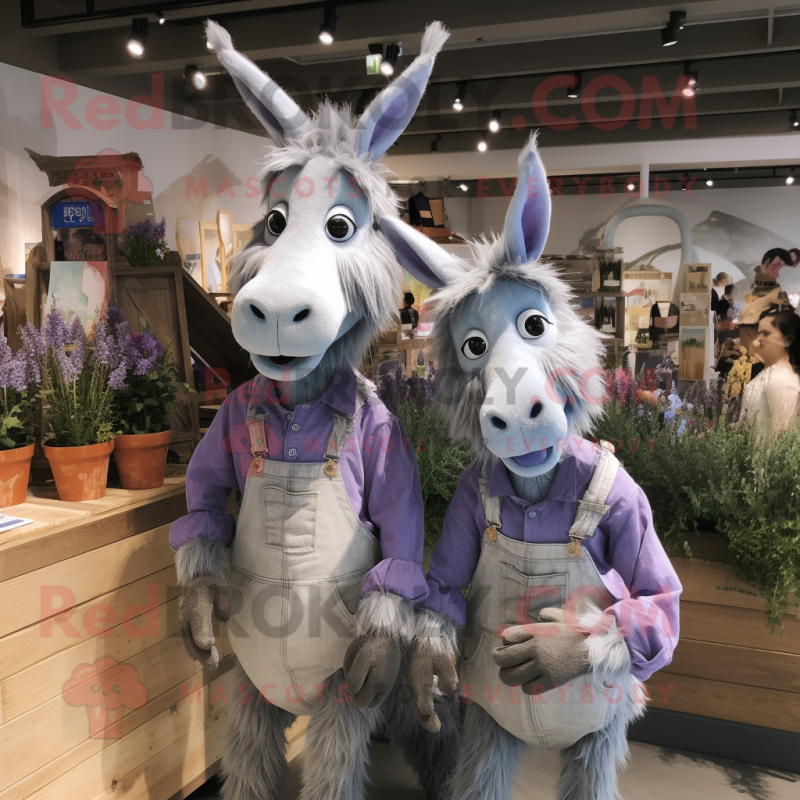 Lavender Donkey mascot costume character dressed with a Boyfriend Jeans and Hairpins Lavender Donkey mascot costume character dressed with a Boyfriend Jeans and Hairpins