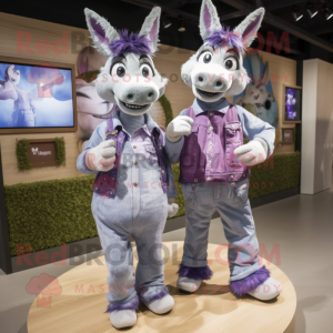 Lavender Donkey mascot costume character dressed with a Boyfriend Jeans and Hairpins