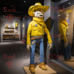 Yellow Cowboy mascot costume character dressed with a Sweatshirt and Suspenders
