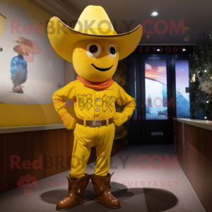 Yellow Cowboy mascot costume character dressed with a Sweatshirt and Suspenders