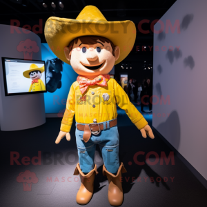 Yellow Cowboy mascot costume character dressed with a Sweatshirt and Suspenders